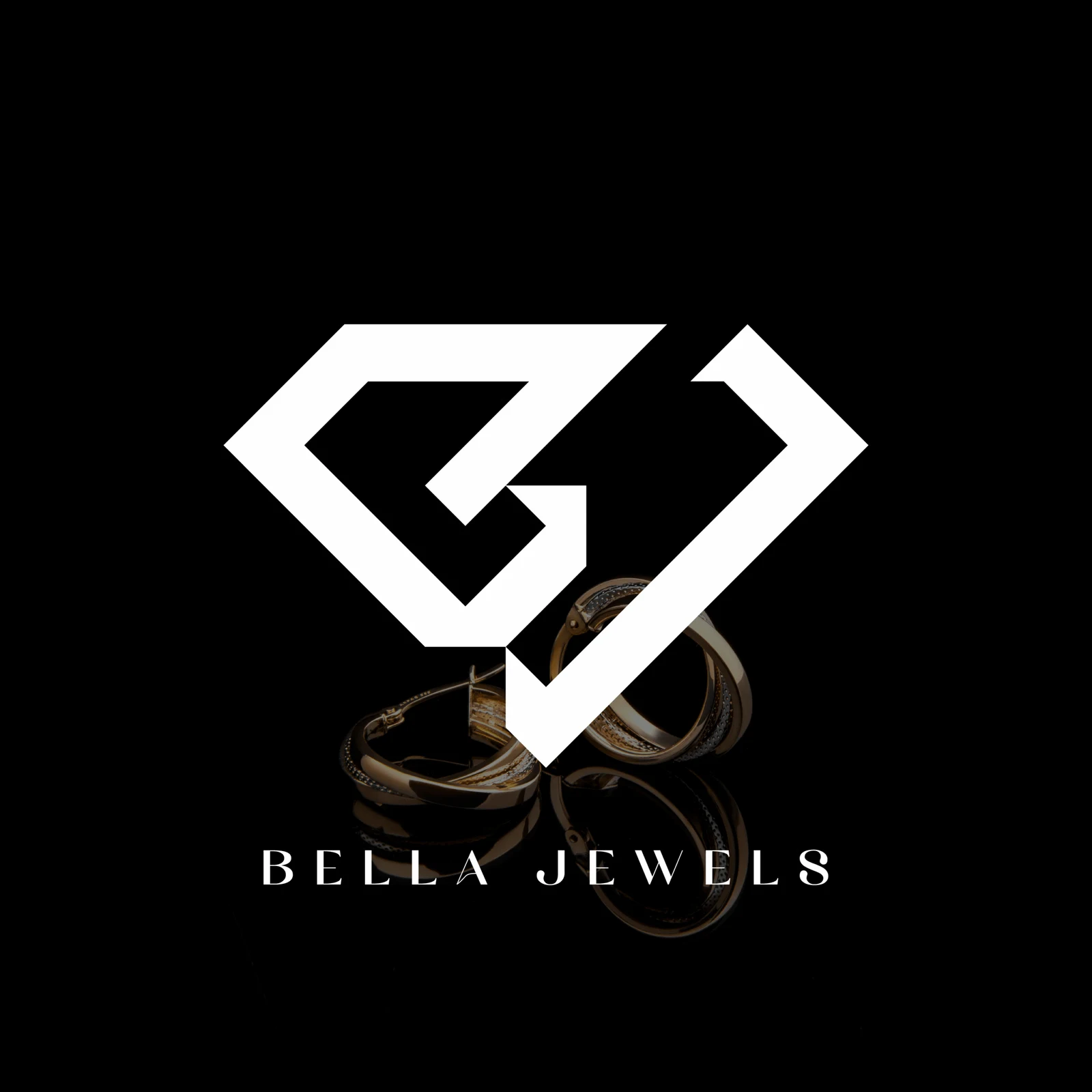 Bella Jewels white symbol and wordmark on a black background with jewellery