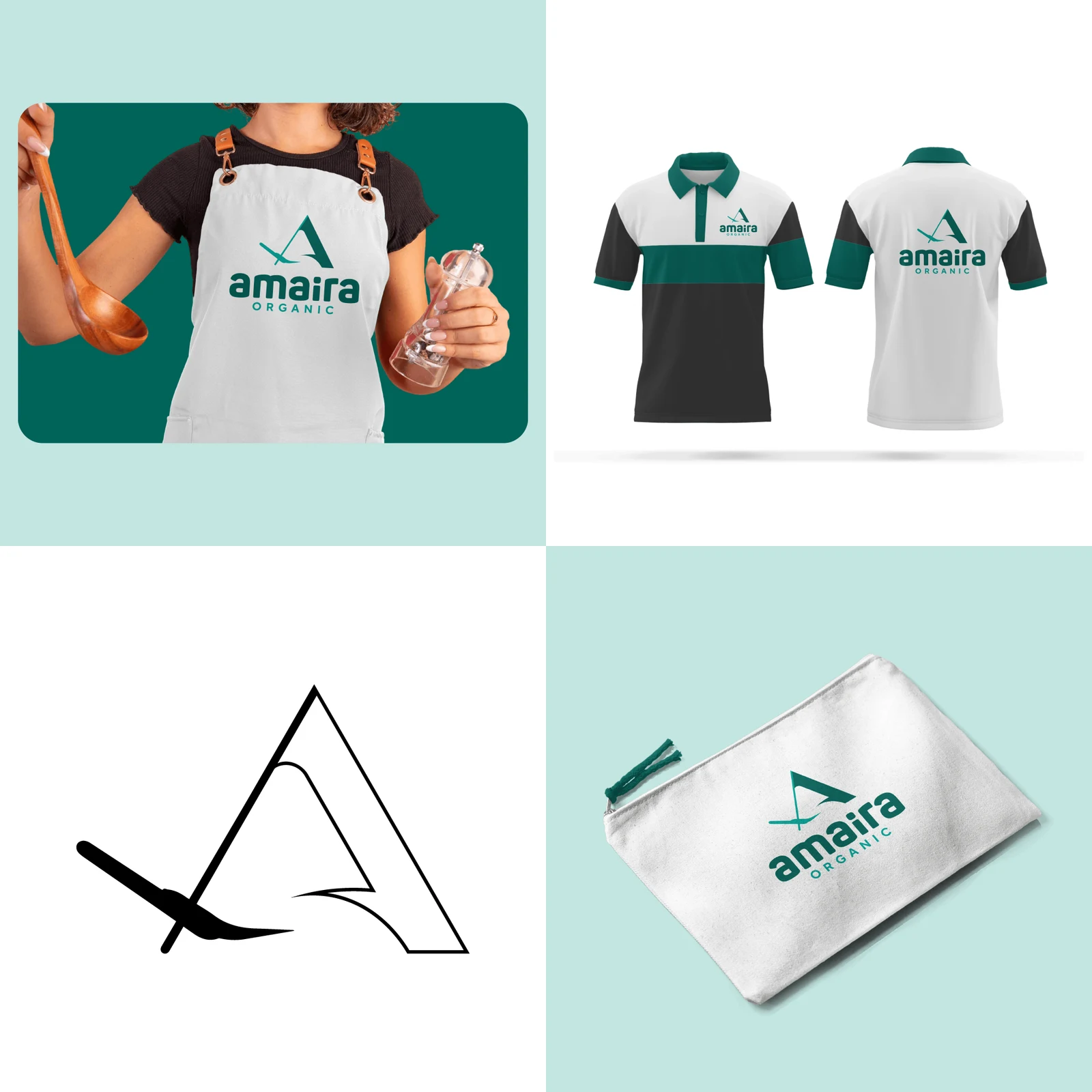 Amaira Organic identity applied to an apron, polo shirts and a pouch, with the outlined brand symbol