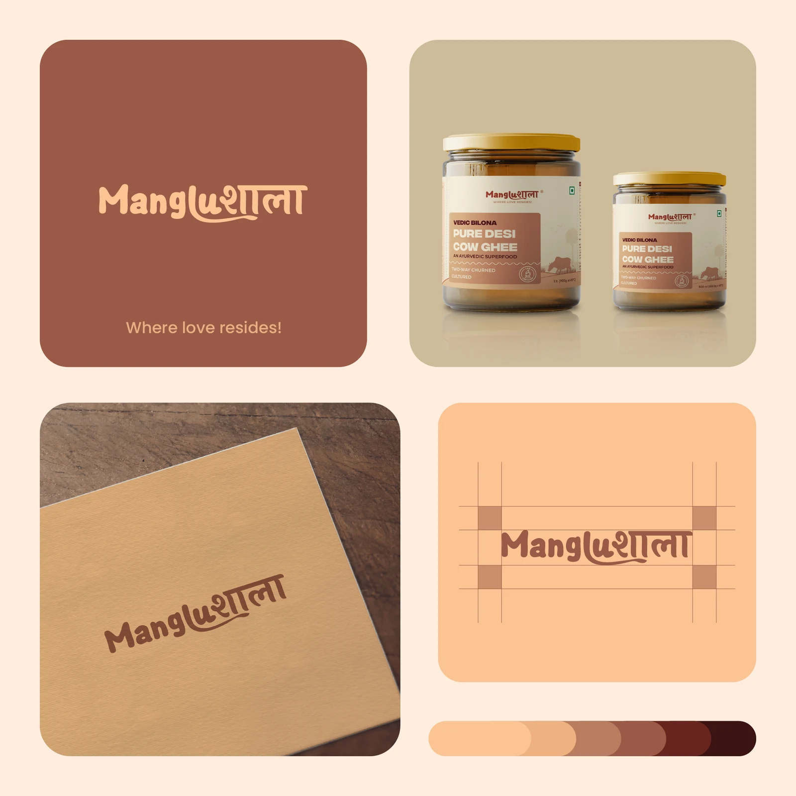 Manglushala logo, ghee jars, brand stationery, logo construction and colour palette