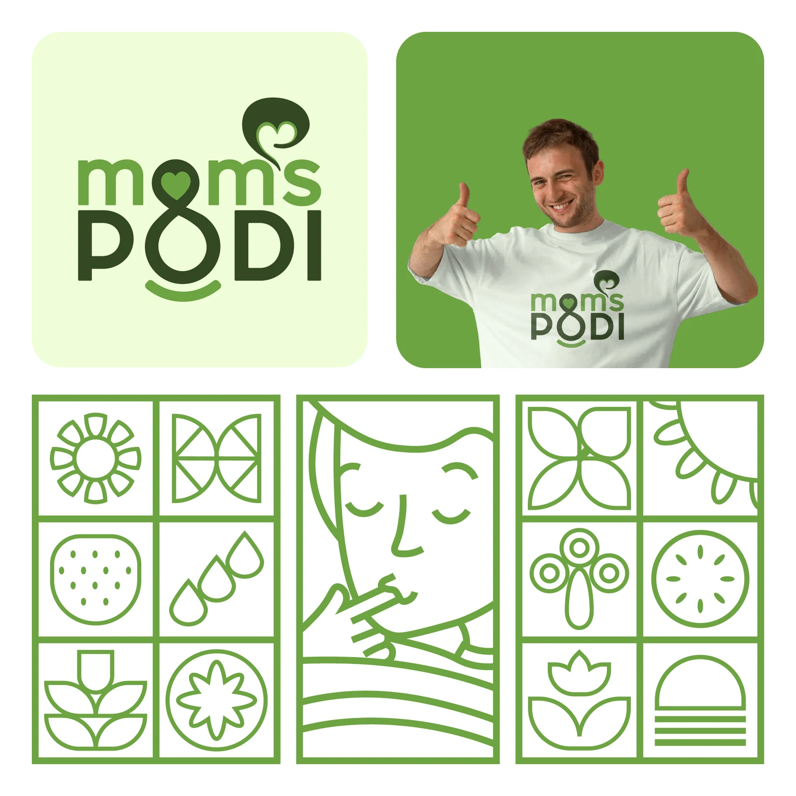 MomsPodi logo, branded T-shirt and green food illustrations