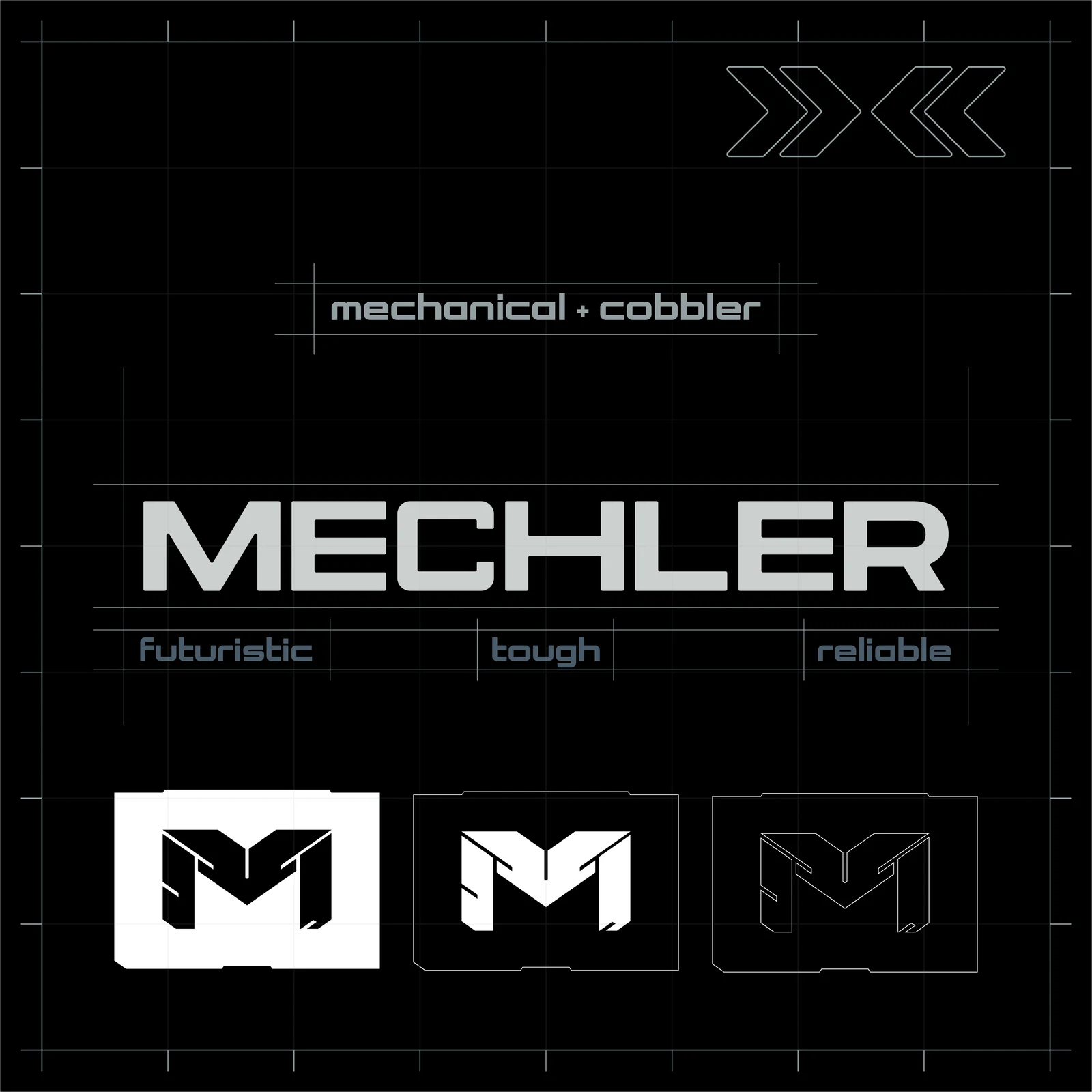 Mechler wordmark and geometric symbol construction on a black grid