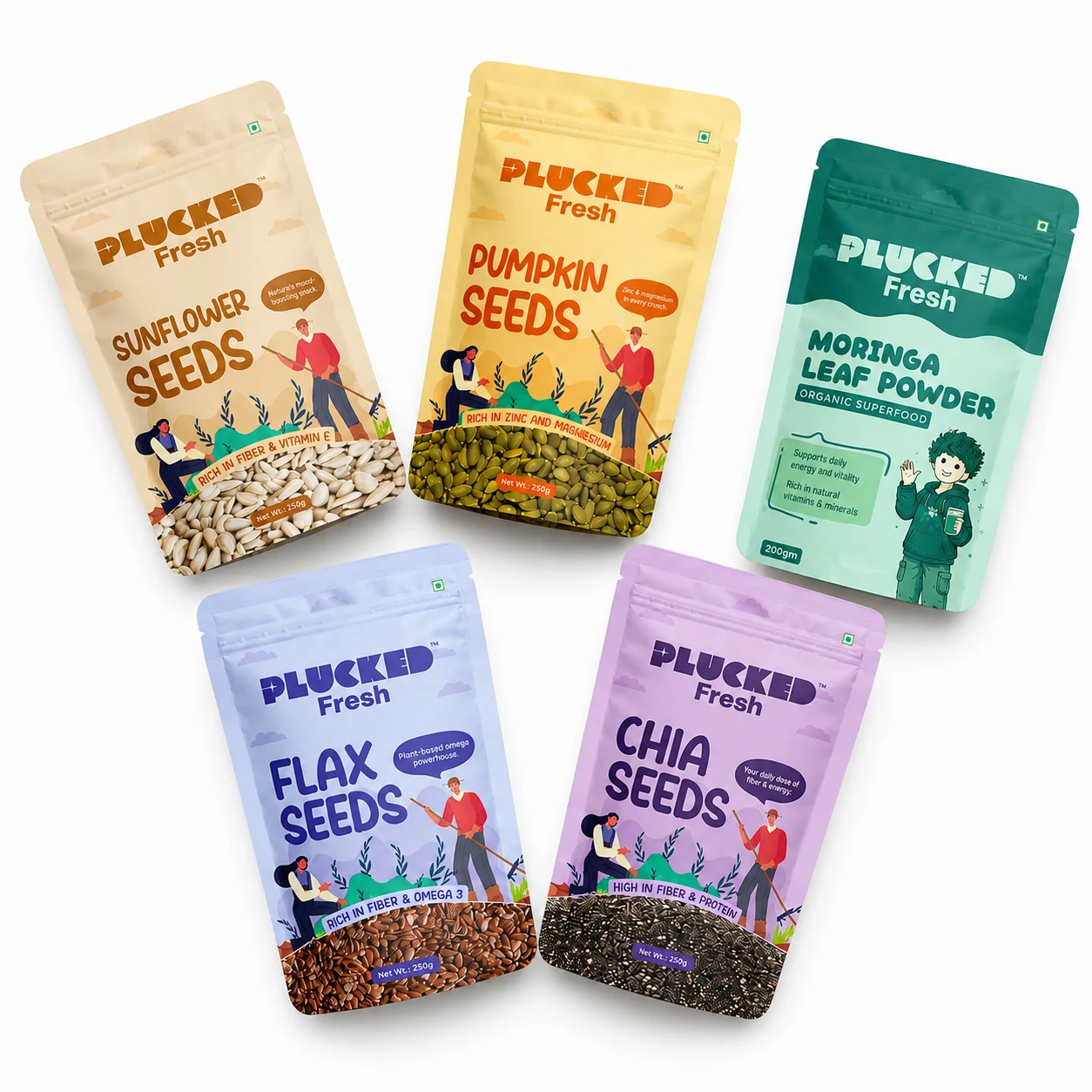 Five Plucked Fresh pouches for sunflower seeds, pumpkin seeds, moringa leaf powder, flax seeds and chia seeds