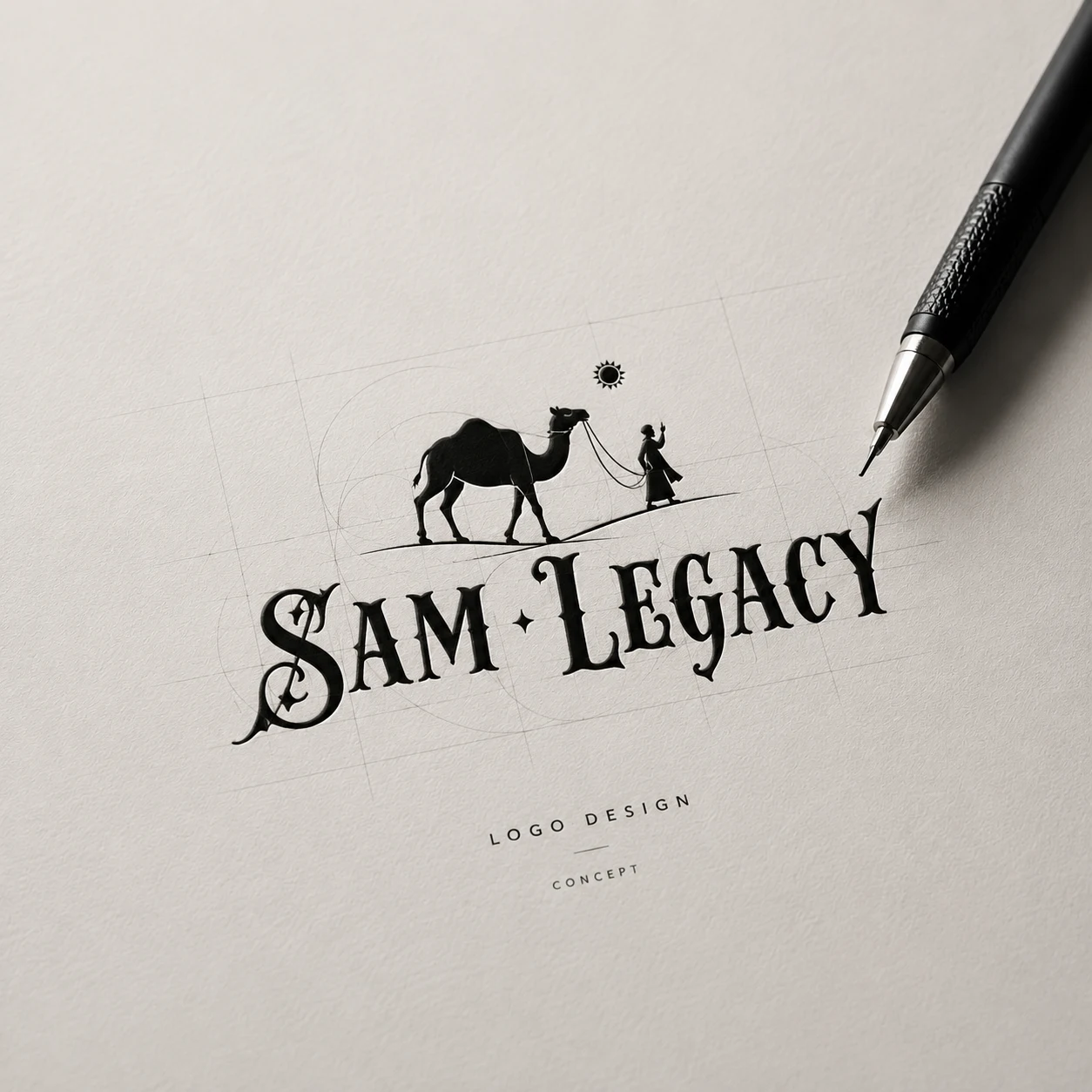 Sam Legacy wordmark with a camel and handler, presented as a pencil sketch on paper